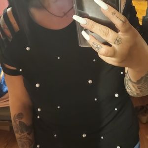 Laddering Raglan Sleeves Beaded Pearls Top